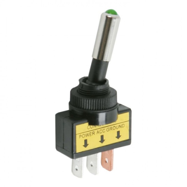 Intretupator Cu 2 Pozitii OFF-ON 1 Circuit Iluminat Cu Bec Verde De 12 V Negru 20A-12VDC 09058ZO